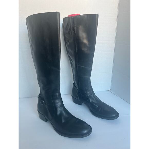 Born Helen Black Leather Knee High Zip Closure Round Toe Stacked Heel Boots 7 - Picture 3 of 15